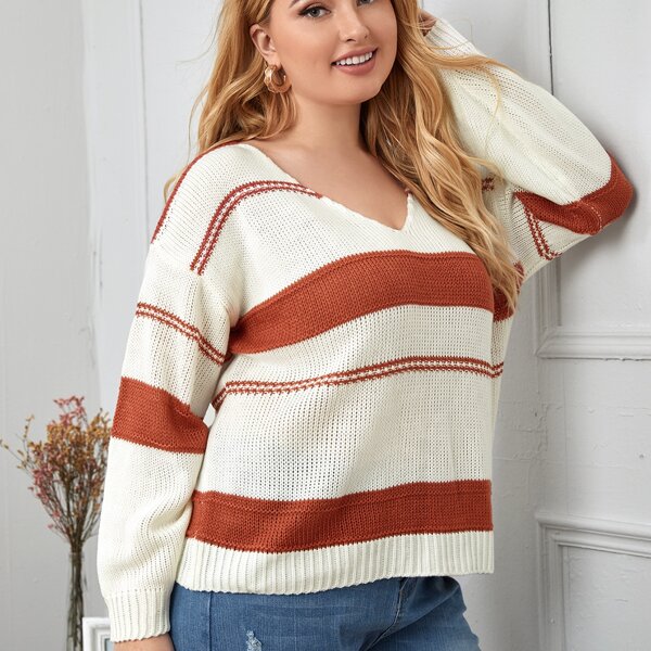 

Plus Drop Shoulder Striped Sweater, Multicolor