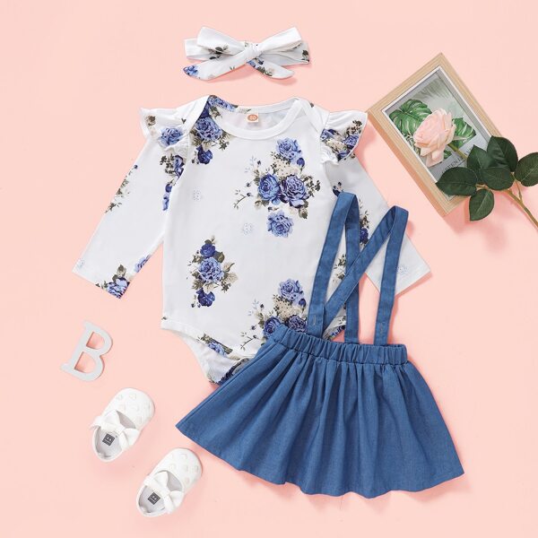 

Baby Girl Floral Bodysuit & Suspender Skirt & Headband, Blue and white