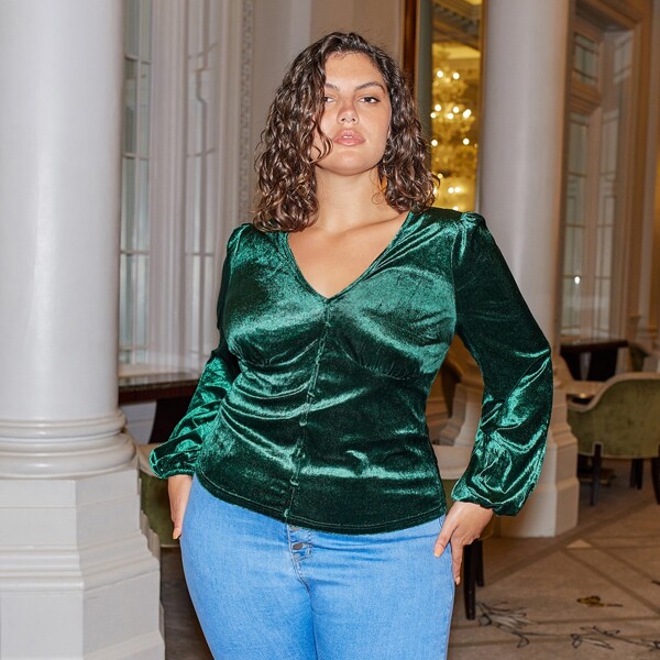 

Plus V-neck Lantern Sleeve Velvet Bustier Top, Green