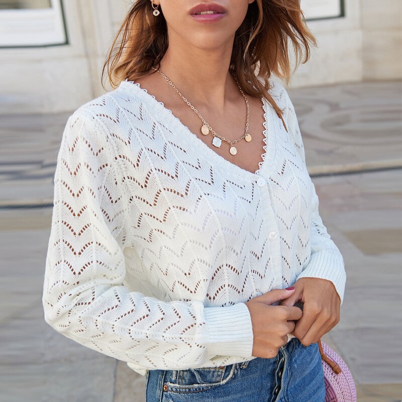 

Open Knit Button Front Cardigan, White