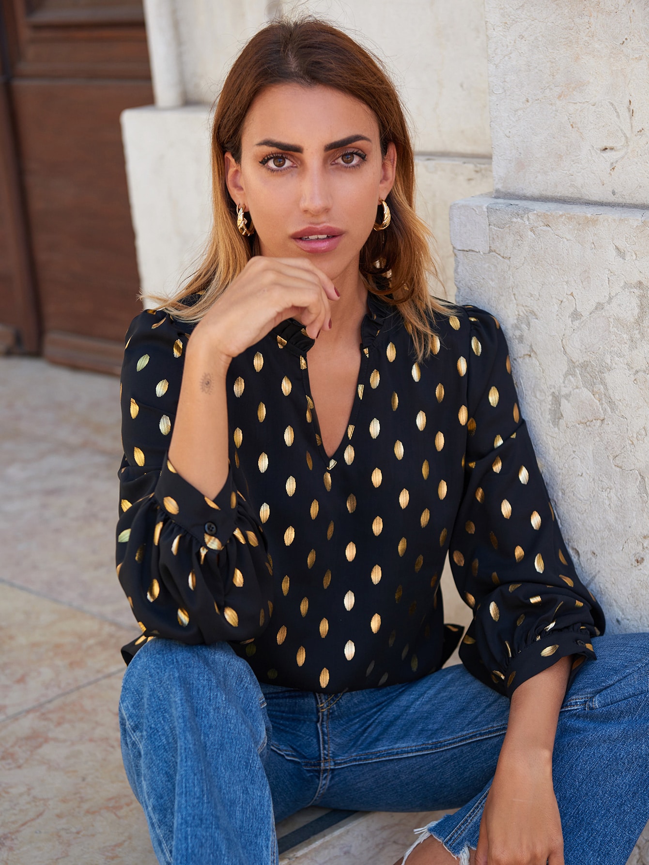 Gilding Dot Frill Notched Neck Blouse thumbnail
