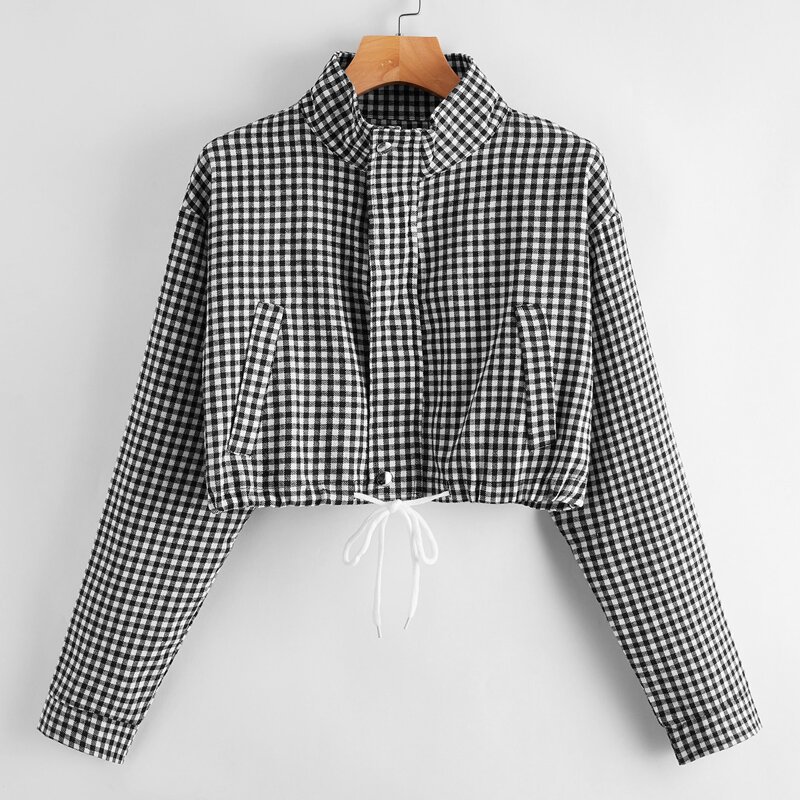 

Gingham Zip Up Drawstring Jacket, Black and white