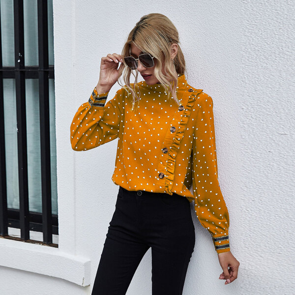 

Confetti Heart Frill Button Front Blouse, Mustard yellow