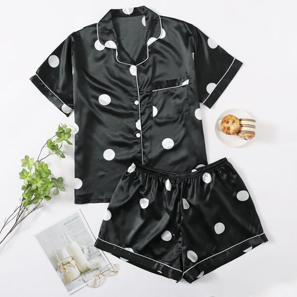 

Plus Polka Dot Pocket Front Satin Pajama Set, Black