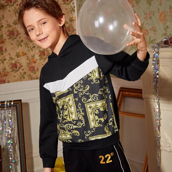 

Boys Chevron and Baroque Print Drop Shoulder Hoodie, Black