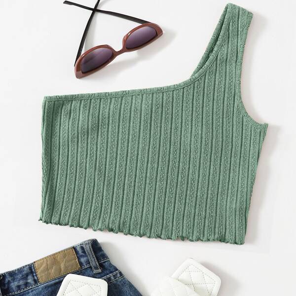 

One Shoulder Lettuce Trim Rib-knit Top, Mint green