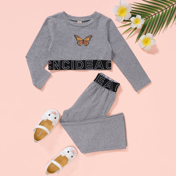 

Toddler Girls Butterfly Print Tee With Letter Tape Joggers, Grey