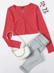 SHEIN BASICS Button Up Crop Top - Red - View 1