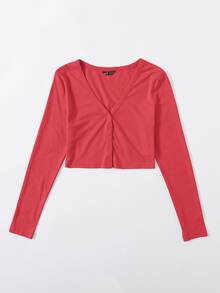SHEIN BASICS Button Up Crop Top - Red - View 3
