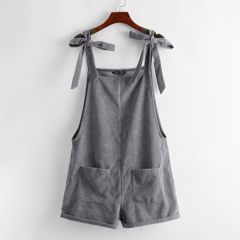 

Tie Shoulder Pocket Front Cuffed Cord Romper, Grey