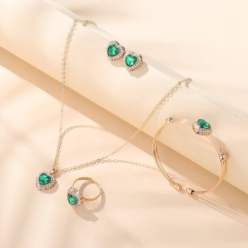 

5pcs Rhinestone Heart Decor Jewelry Set, Green