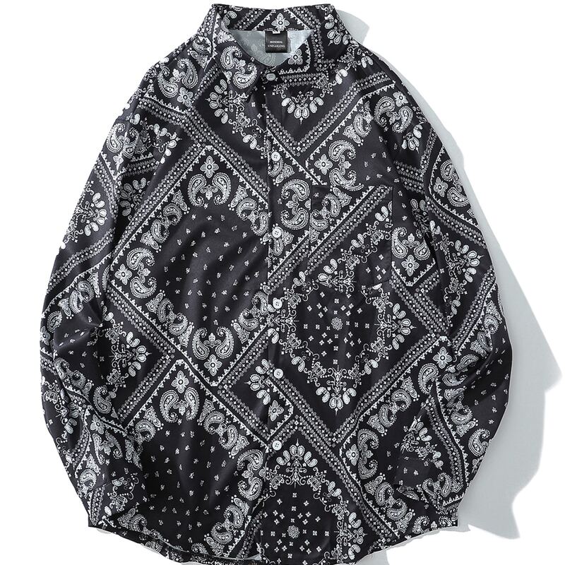 

Guys Paisley Print Button Through Shirt, Black