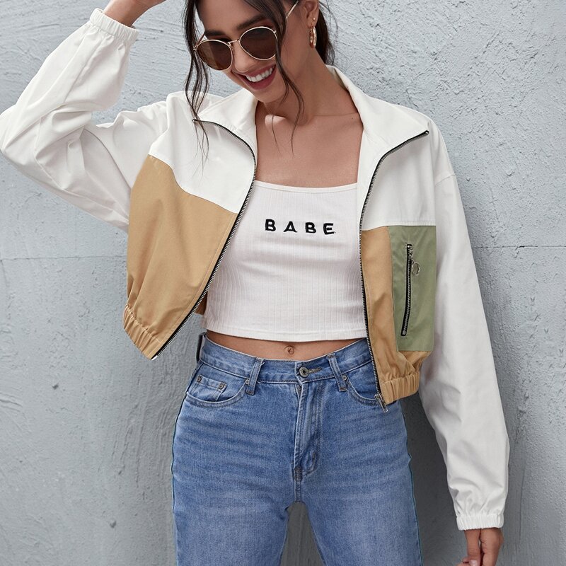 

Color Block Zip Up Crop Jacket, Multicolor