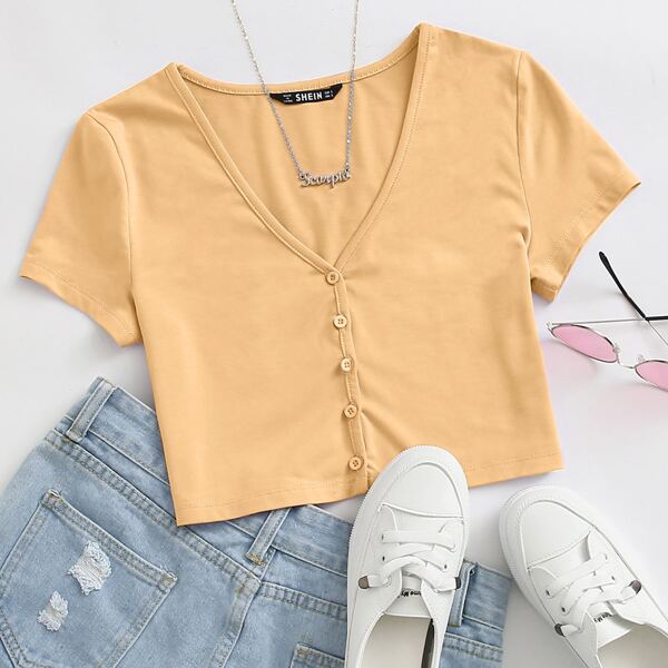 

V-neck Button Front Tee, Khaki