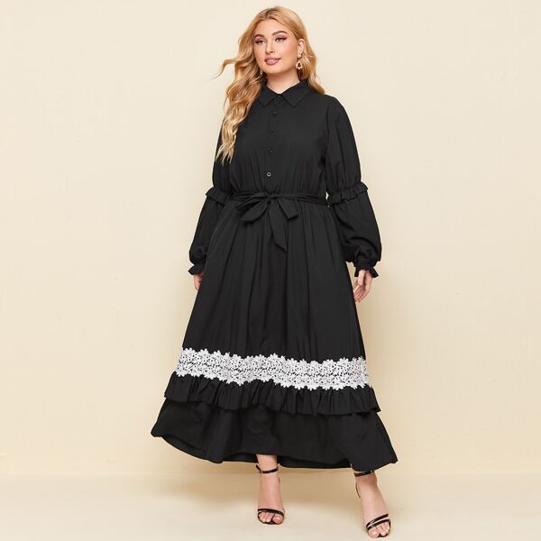 

Plus Contrast Lace Button Front Belted Shirt Dress, Black