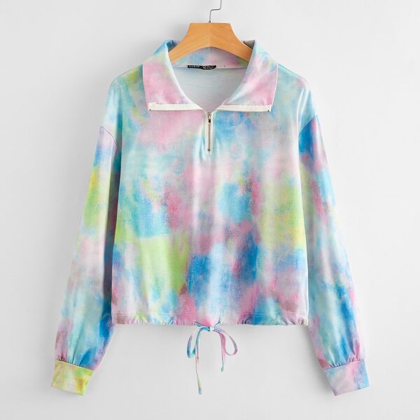 

Tie Dye Drawstring Hem Half Placket Sweatshirt, Multicolor