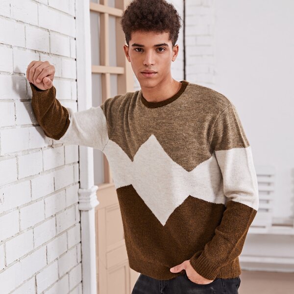 

Men Round Neck Colorblock Sweater, Multicolor