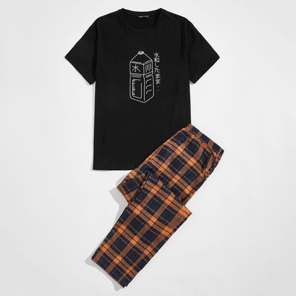 

Men Letter and Bottle Print Top & Plaid Pants PJ Set, Multicolor
