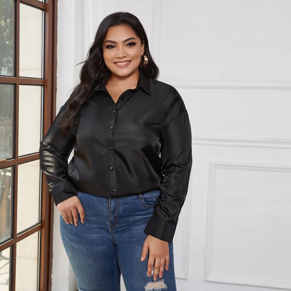 

Plus Drop Shoulder Button Up Blouse, Black