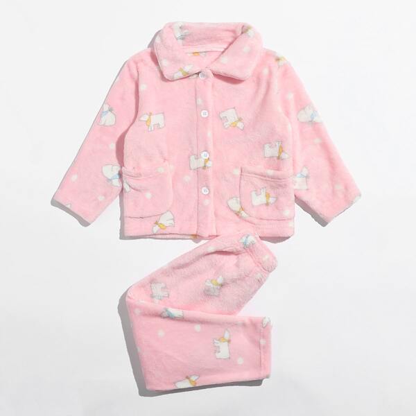 

Toddler Girls Allover Pole Bear Print Button Flannel Top & Pants PJ Set, Baby pink