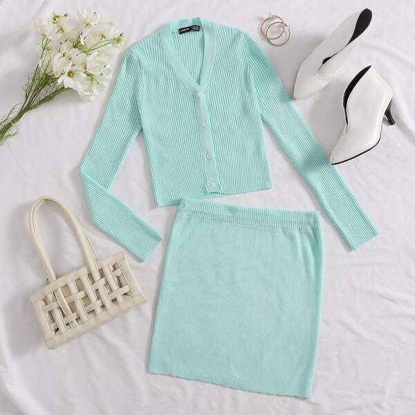 

Ribbed Waistband Soft Knit Skirt, Pastel mint blue