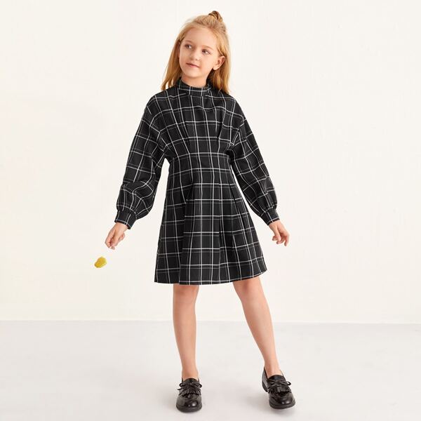 

Girls Mock Neck Bishop Sleeve Plaid Dress, Black