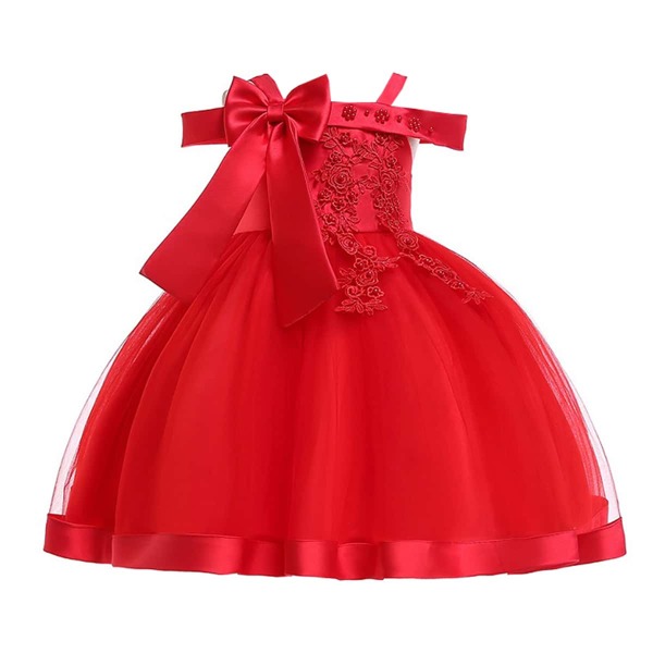 

Girls Cold Shoulder Big Bow Applique Party Dress, Red