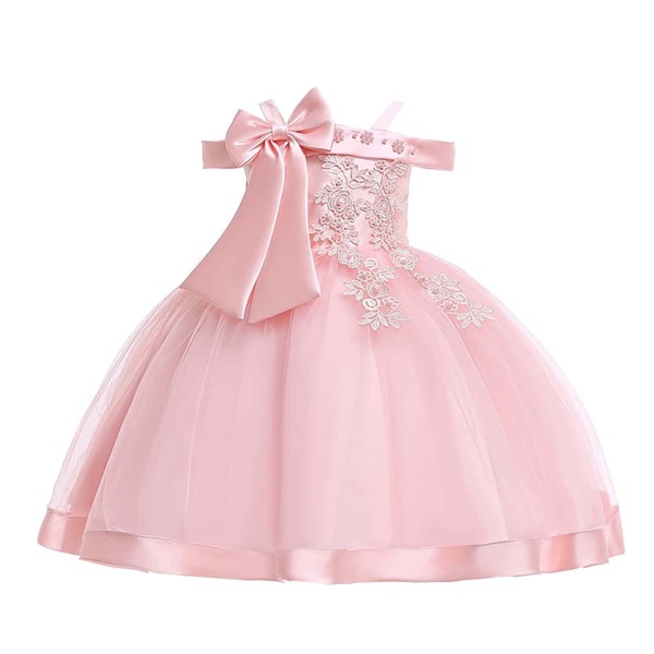 

Girls Cold Shoulder Big Bow Applique Party Dress, Baby pink