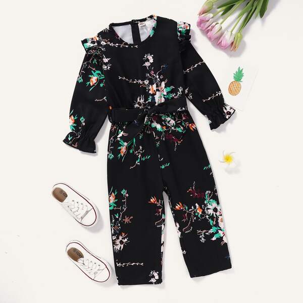 

Toddler Girls Floral Print Ruffle Belted Jumpsuit, Black