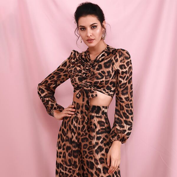 

Lantern Sleeve Ruched Tie Front Leopard Crop Top, Multicolor