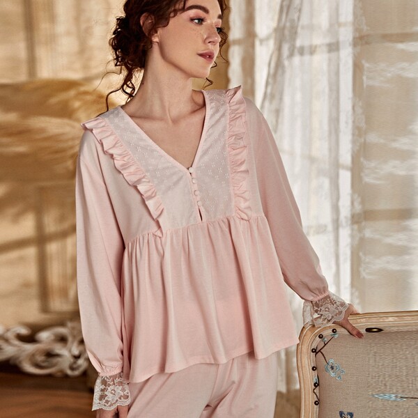 

Lace Panel Ruffle Trim Pajama Set, Baby pink