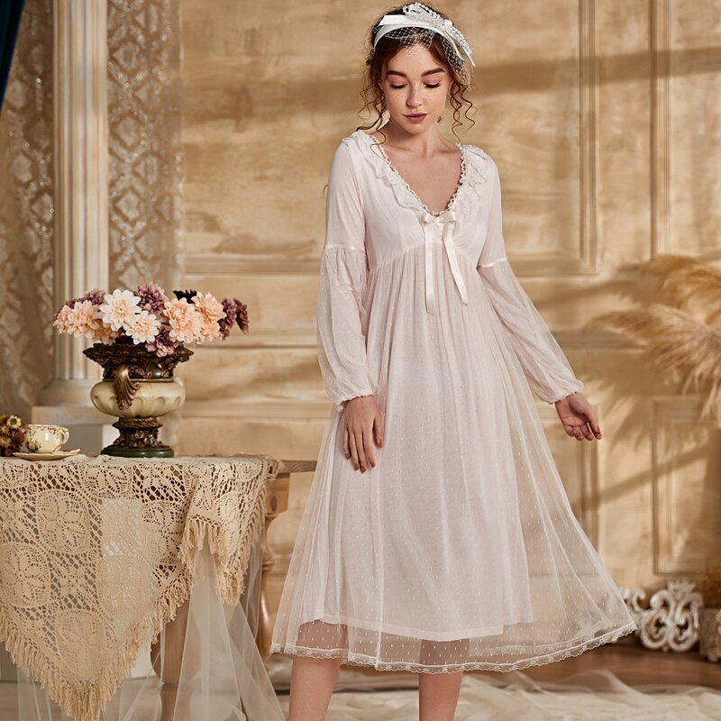 

Lace Panel Tie Front Mesh Overlay Night Dress, Baby pink