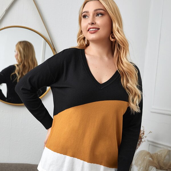 

Plus V Neck Drop Shoulder Colorblock Sweater, Multicolor