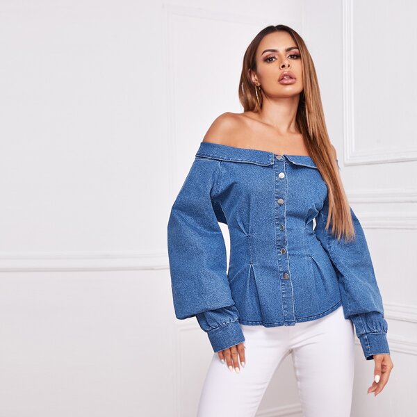 

Foldover Off Shoulder Fitted Denim Blouse, Medium wash