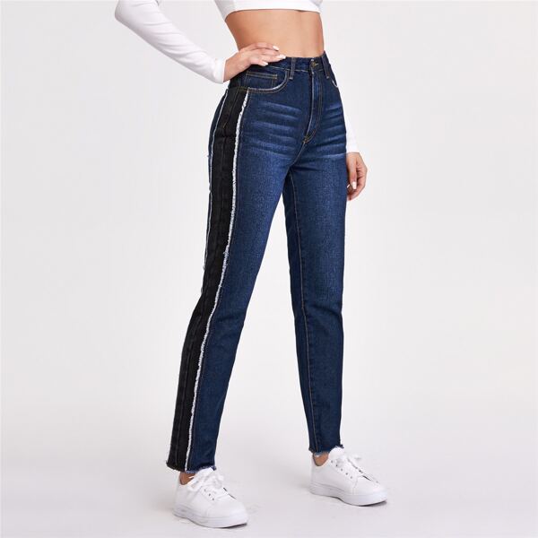 

Raw Trim Color Block Jeans, Dark wash
