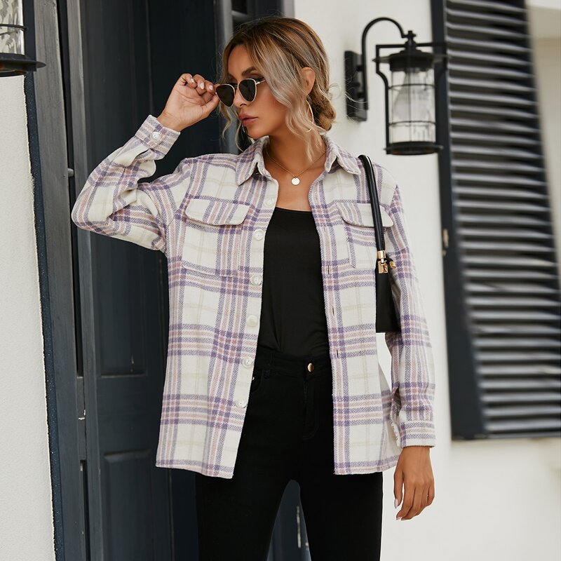 

Single Breasted Double Pocket Plaid Overcoat, Multicolor