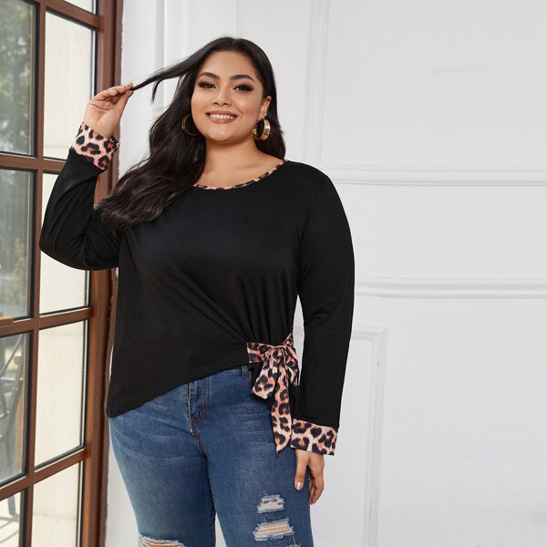 

Plus Leopard Panel Tie Side Tee, Black