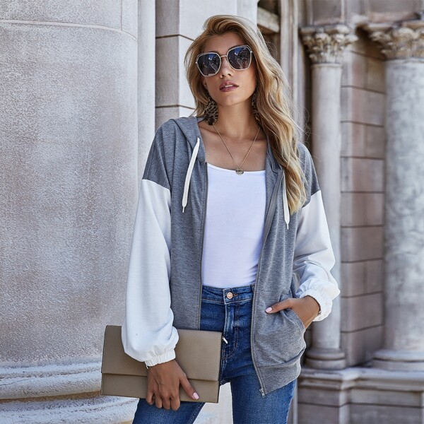 

Contrast Drop Shoulder Sleeve Zip Up Coat, Grey