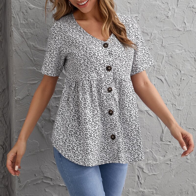 

Button Front Plants Print Smock Top, Black and white