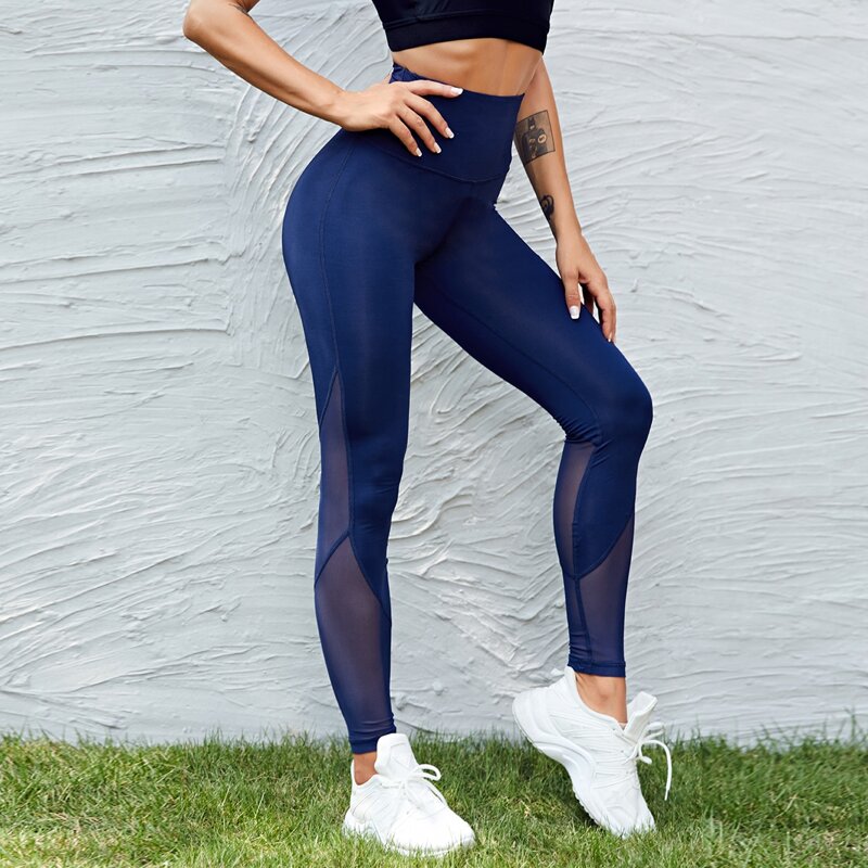 

Solid Contrast Mesh Sports Leggings, Navy blue