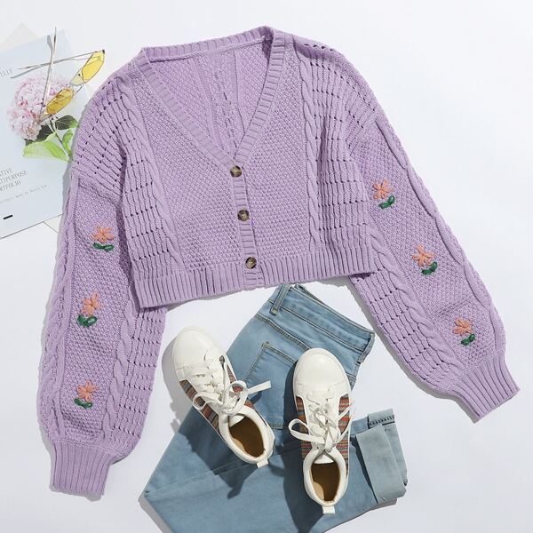

Drop Shoulder Embroidered Detail Cardigan, Lilac purple