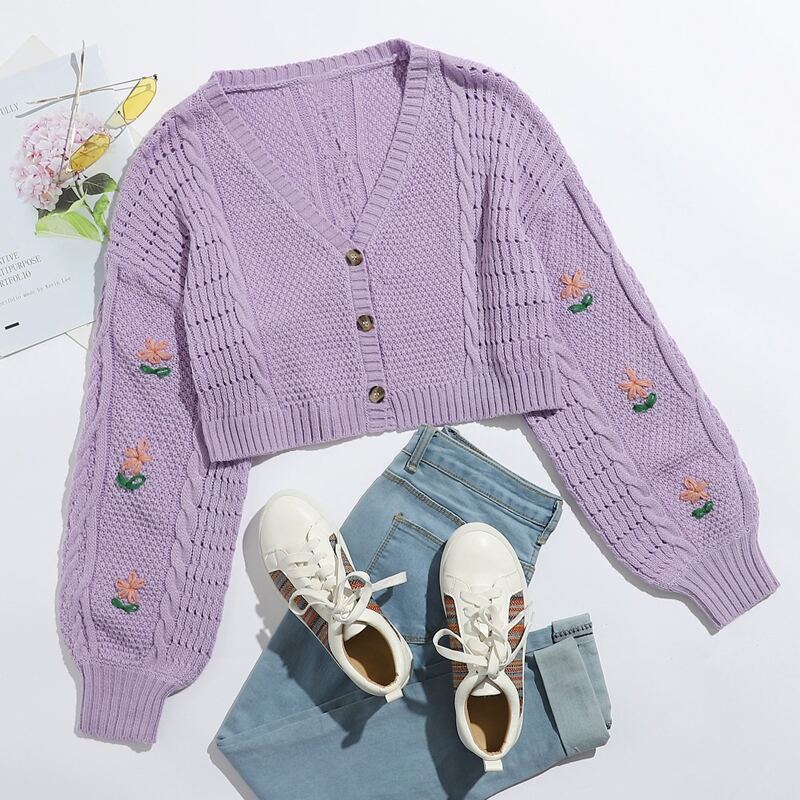

Drop Shoulder Embroidered Detail Cardigan, Lilac purple