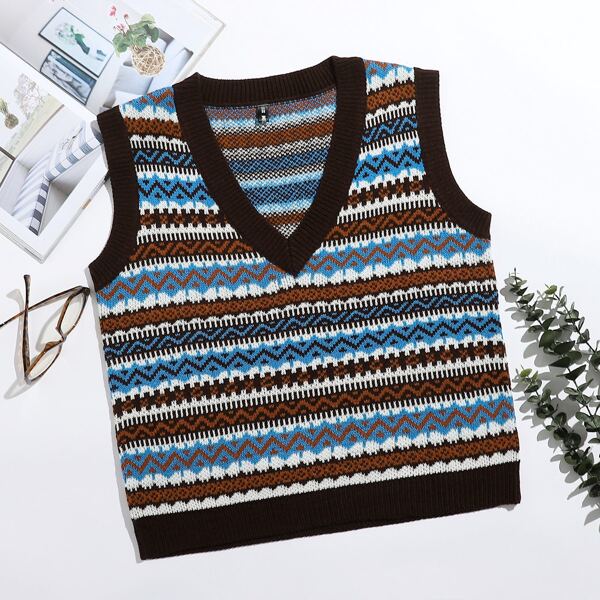 

V Neck Fair Isle Sweater Vest, Multicolor