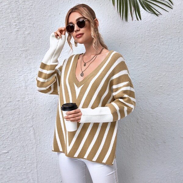 

Drop Shoulder Striped Sweater, Khaki