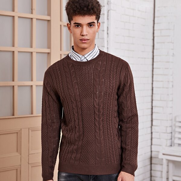 

Men Round Neck Cable Knit Sweater, Chocolate brown