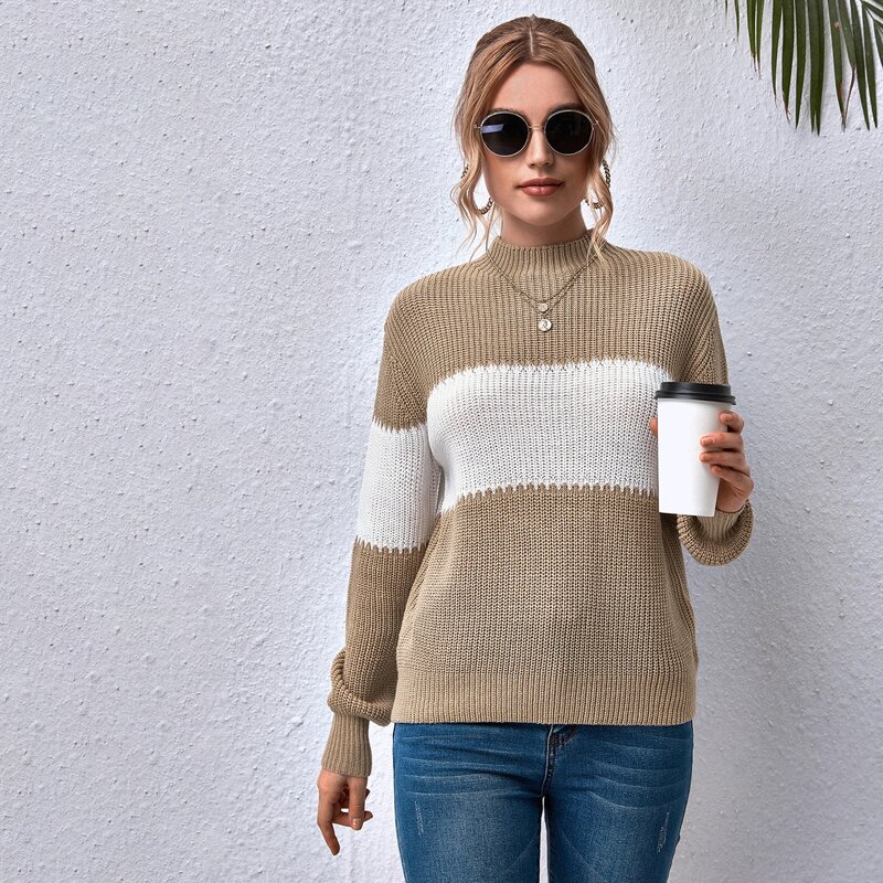 

Mock Neck Drop Shoulder Colorblock Sweater, Multicolor