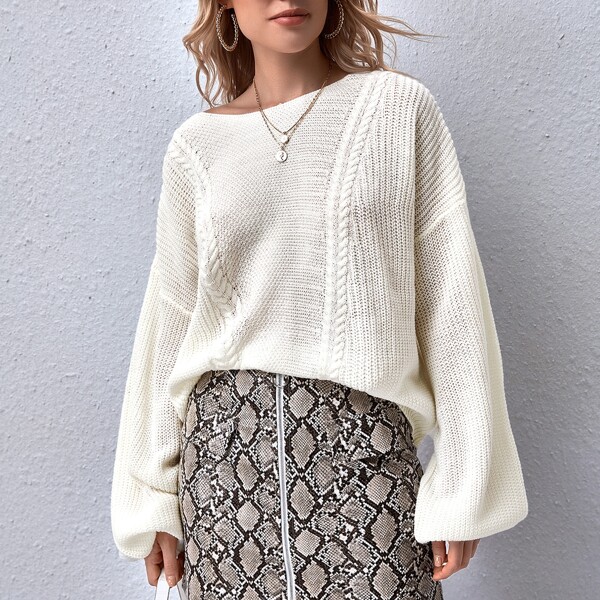 

Lantern Sleeve Cable Knit Sweater, White