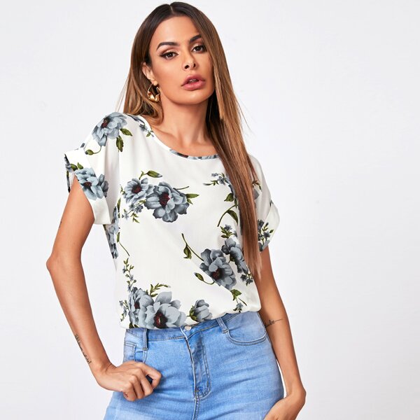 

Batwing Sleeve Floral Print Top, White
