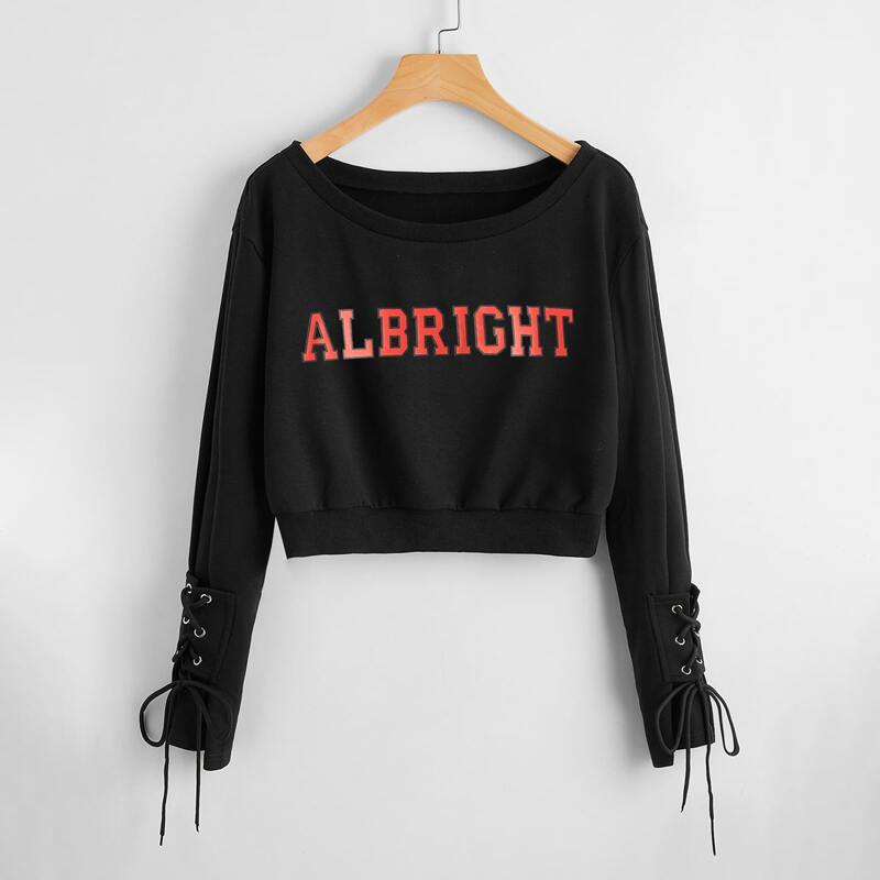 

Letter Graphic Lace Up Side Crop Sweatshirt, Black