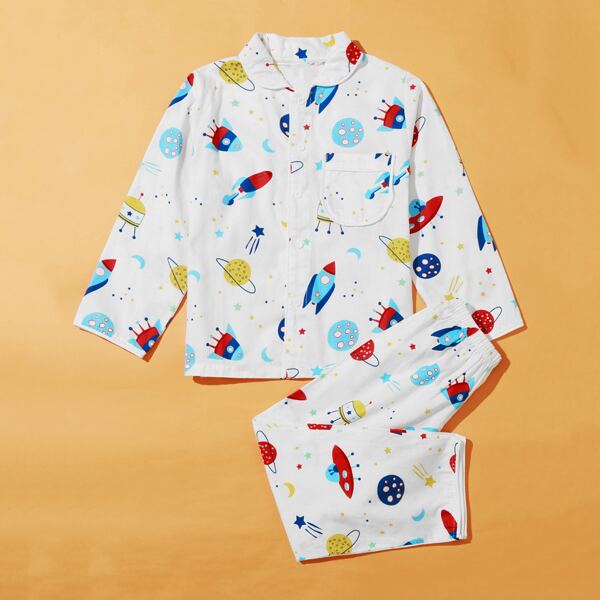 

Toddler Boys Galaxy Print Button Front Top & Pants PJ Set, White
